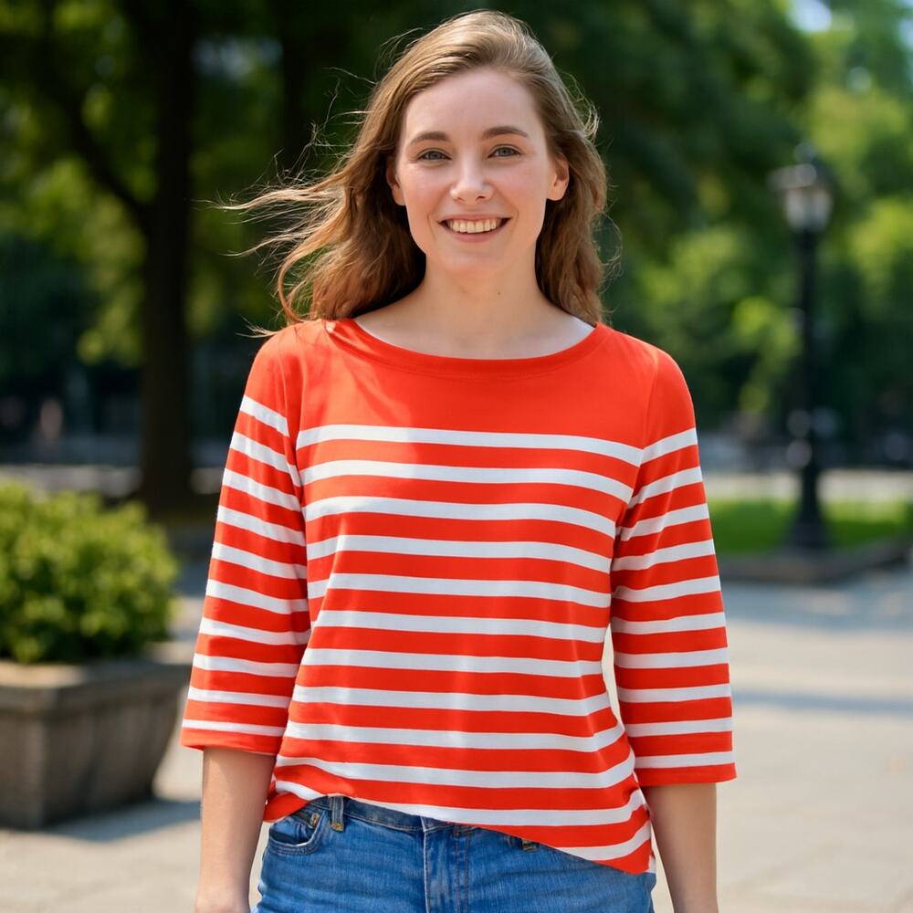 Maeve by Anthro Top Orange/Red stripped 3/4 sleeves with button accents size XS